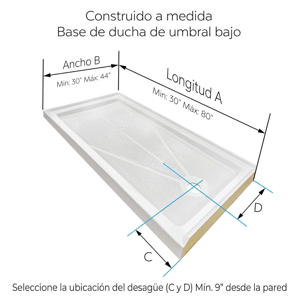 Diagrama de plato de ducha Ella a medida con umbral bajo y dimensiones etiquetadas para longitud, anchura y ubicación del desagüe