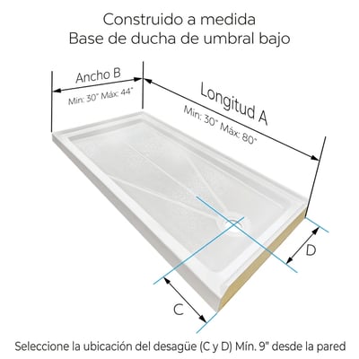 Diagrama de plato de ducha Ella a medida con umbral bajo y dimensiones etiquetadas para longitud, anchura y ubicación del desagüe
