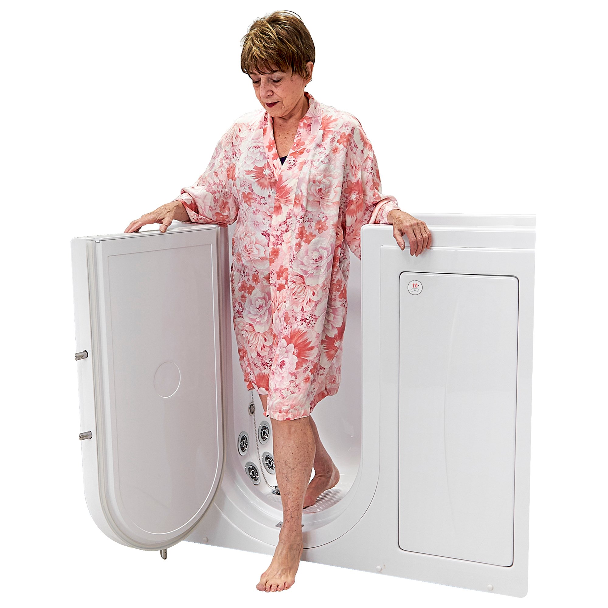 Senior woman stepping out of the Ella Mobile walk-in tub with the outward-swing door fully open