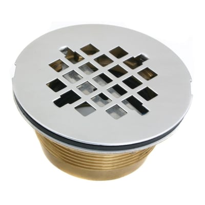 Round chrome shower drain with grid strainer cover and brass threaded body for accessible walk-in shower stall installation