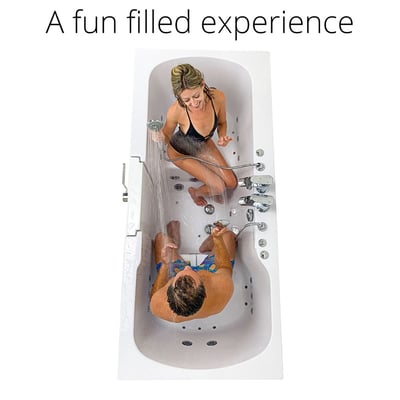 Couple enjoying a two-seat Ella Big4Two walk-in bathtub with handheld shower and hydro massage jets from overhead view
