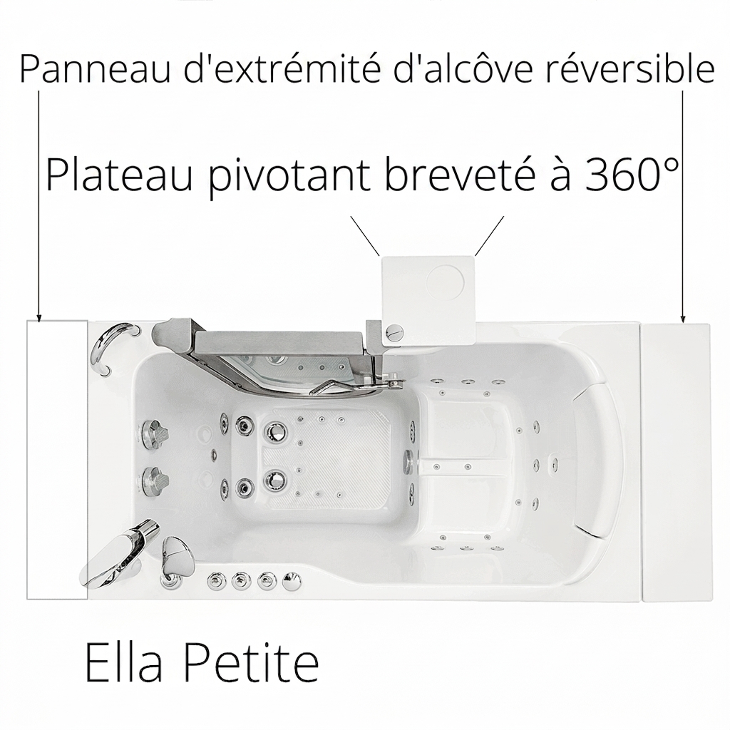 Vue de dessus de la baignoire à porte Ella Petite montrant le panneau d'extrémité réversible pour niche, le plateau pivotant et les jets hydromassants
