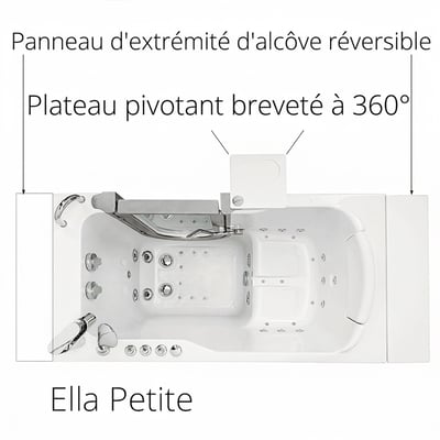 Vue de dessus de la baignoire à porte Ella Petite montrant le panneau d’extrémité réversible, le plateau pivotant à 360 degrés breveté et les jets hydromassants