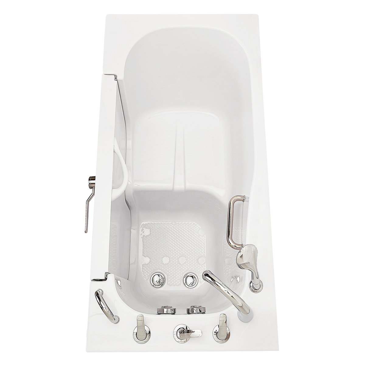 Vue en plongée de la baignoire à porte de trempage Ella Transfer60 avec deux drains, barres d'appui et fond texturé, sans jets