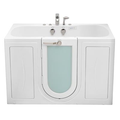 Front view of Ella Tub4Two walk-in bathtub with frosted glass outward swing door, chrome faucet, and digital control panel
