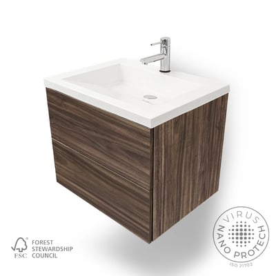 Mueble de baño flotante de 25” en acabado nogal con lavabo blanco, grifo cromado y dos cajones de cierre suave