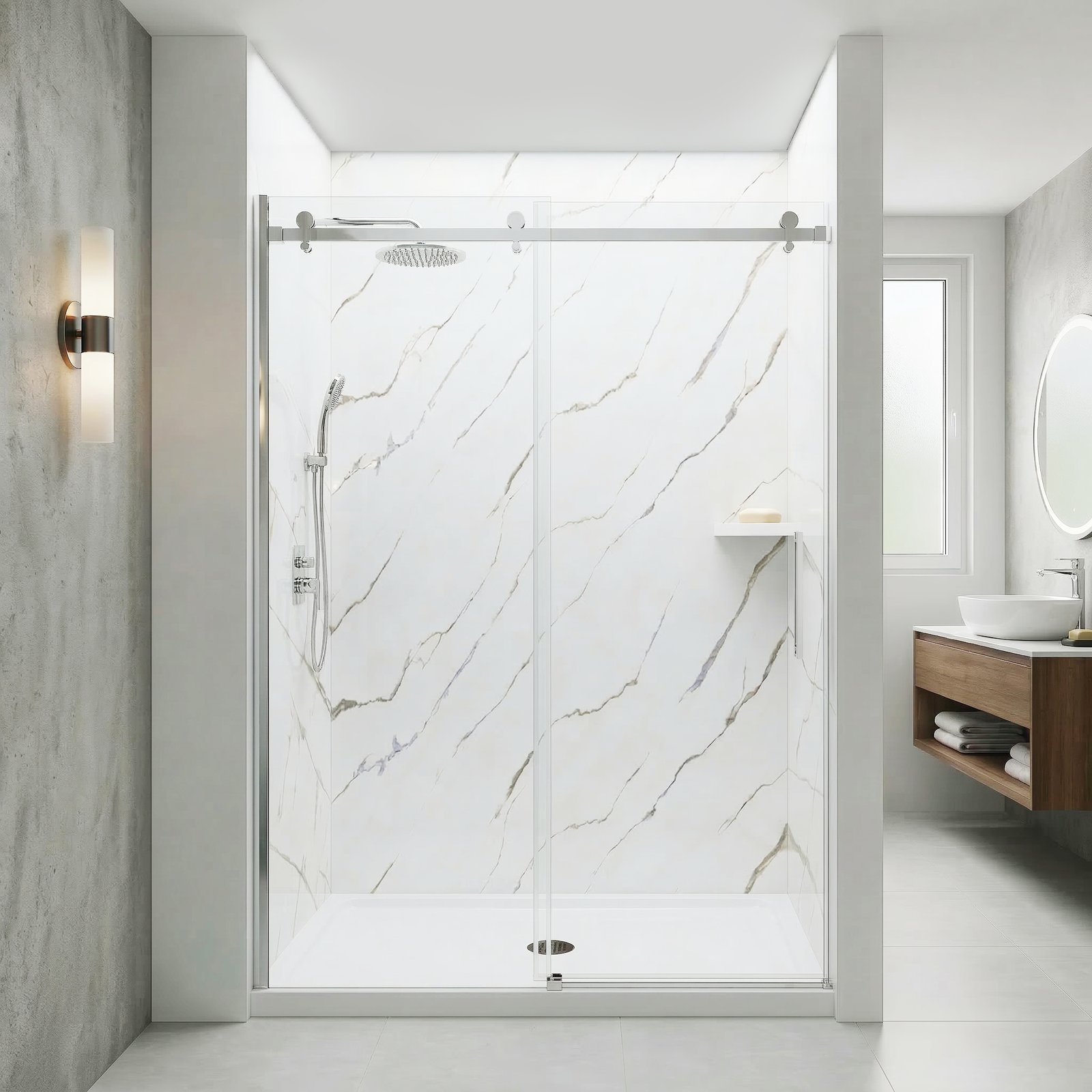Cabina de ducha accesible Ella Primo con paneles de pared de efecto mármol Calacatta Gold, puerta corredera de cristal y rociador de efecto lluvia