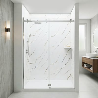 Ella Primo accessible shower stall with Calacatta Gold marble-look wall panels, sliding glass door, and rain showerhead