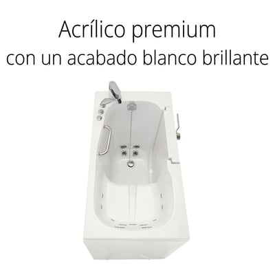Vista aérea de la bañera de acceso lateral Ella Mobile con acabado acrílico blanco brillante, hidrochorros y grifo cromado