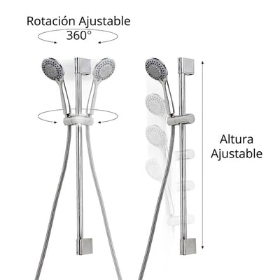 Ducha de mano cromada en barra deslizante que muestra rotación de 360° y posiciones de altura ajustables para la accesibilidad en bañera de acceso
