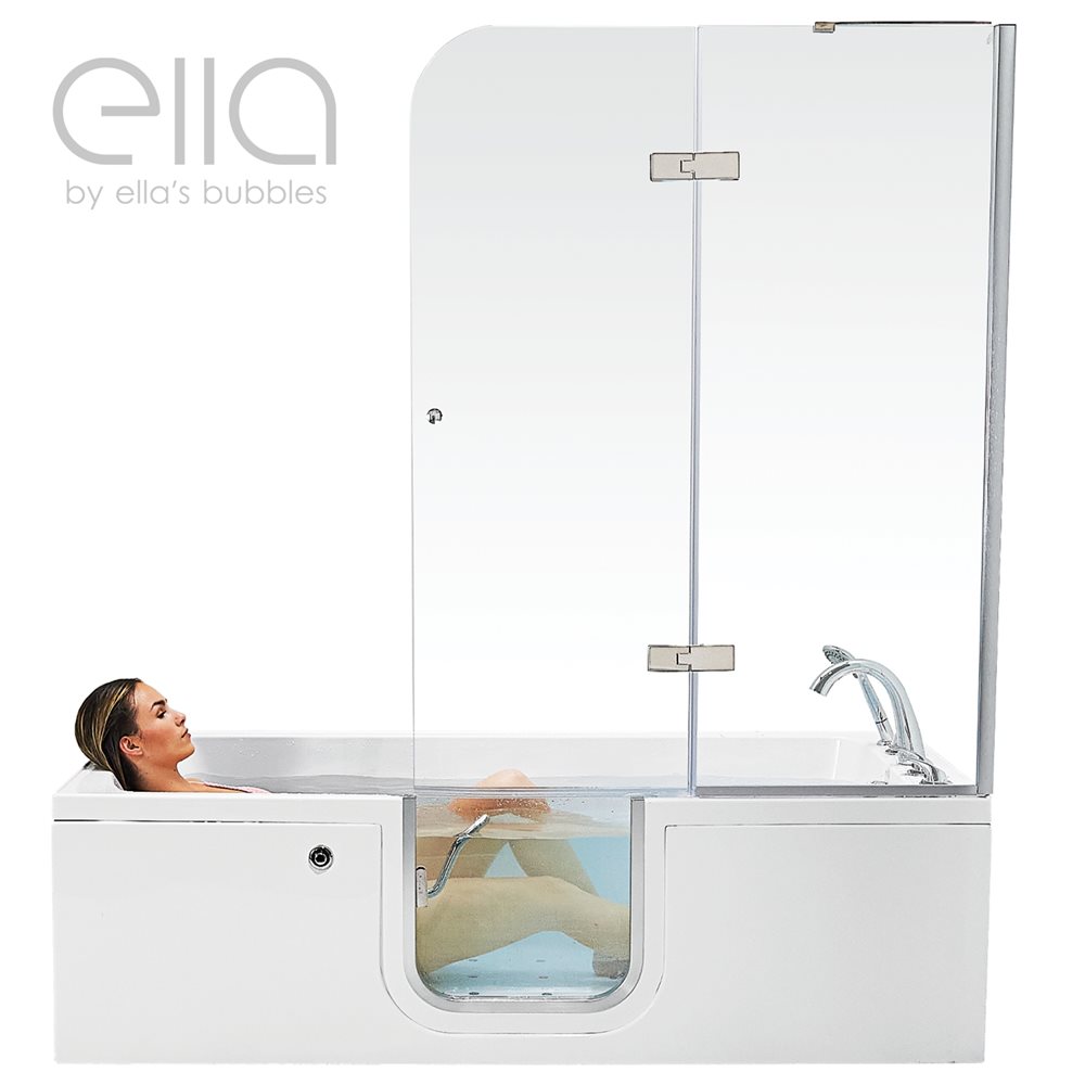 Woman relaxing in an Ella's Bubbles lay-down walk-in tub with glass shower door panel and side entry door