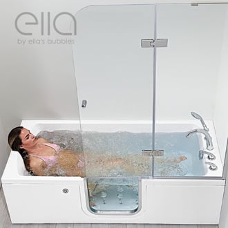 Woman relaxing in an Ella lay-down walk-in tub with active hydro jets and a glass shower panel divider
