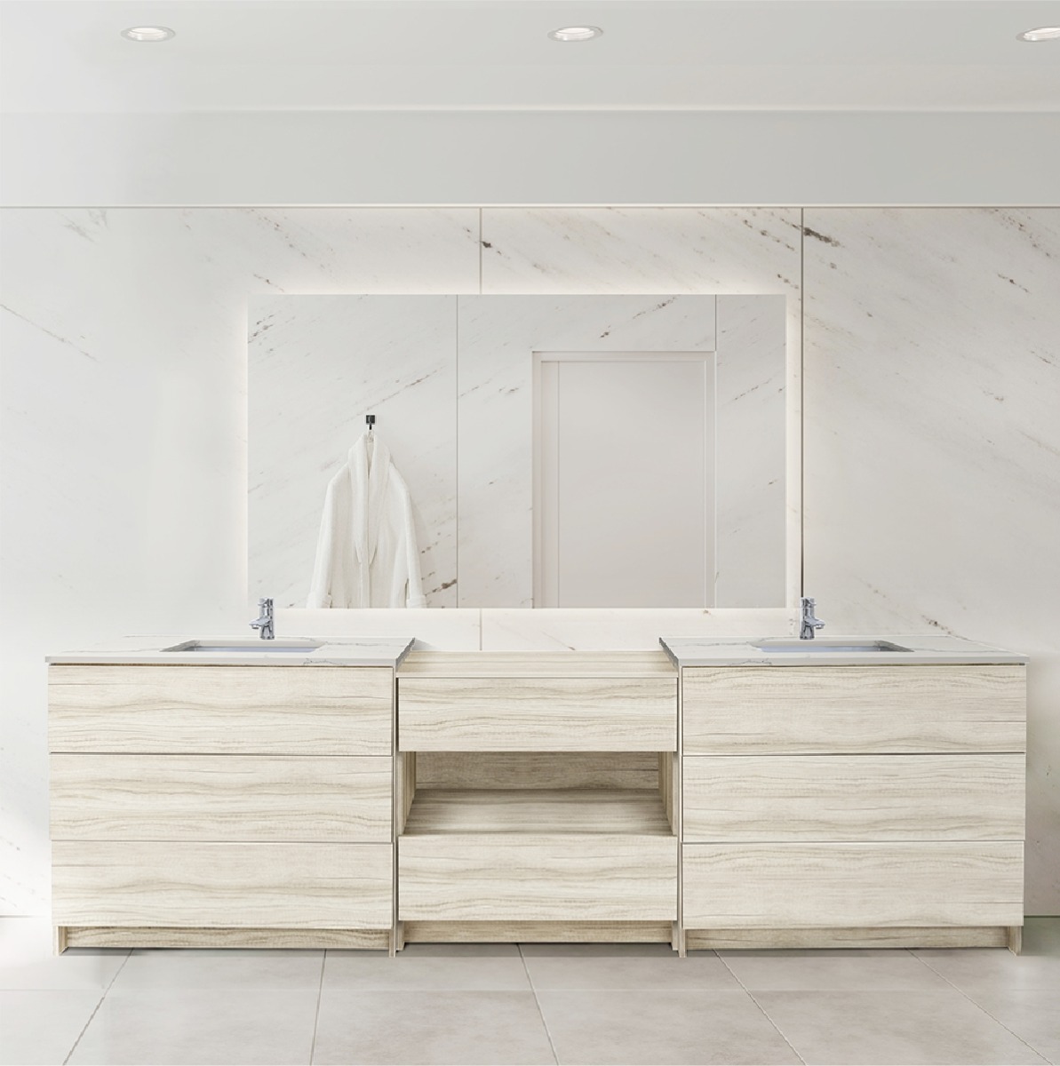 Modern double-sink bathroom vanity with light wood grain finish, marble countertop, and backlit mirror against white marble walls
