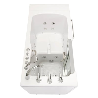 Overhead view of the Ella Ultra acrylic walk-in tub interior showing hydro jets, built-in seat, anti-slip floor, and chrome faucet controls