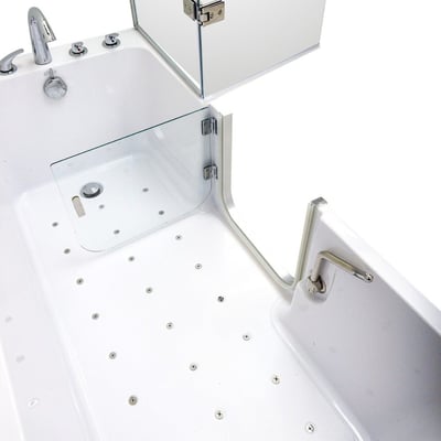 Vue de dessus de l’intérieur d’une baignoire à porte allongée Ella montrant la porte à ouverture vers l’intérieur ouverte, le fond antidérapant et les buses de jets d’air