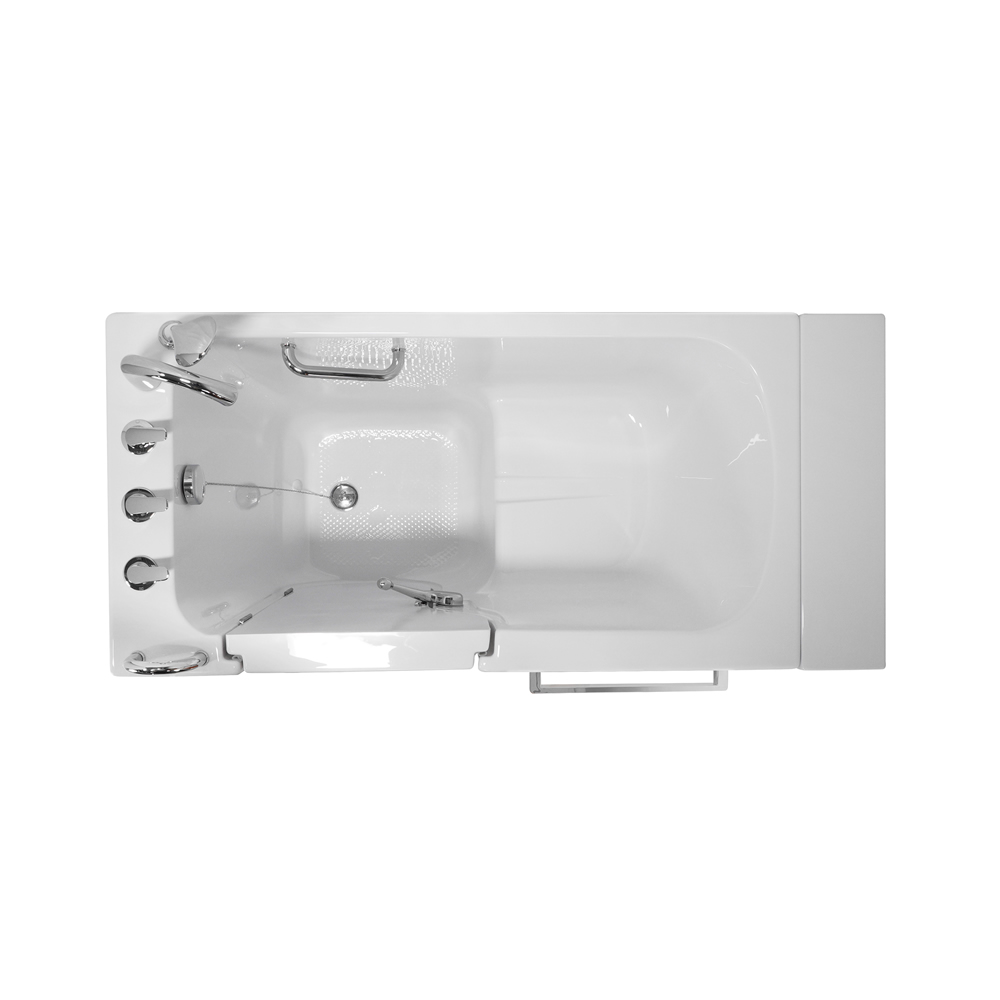Overhead view of an Ella S-Class walk-in tub with inward swing door, textured seat, grab bars and chrome jets