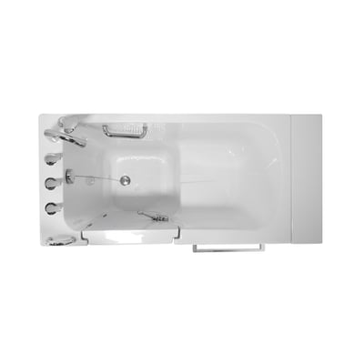 Overhead view of Ella S-Class 28x53 walk-in tub with inward swing door, anti-slip seat, grab bars, and chrome jets