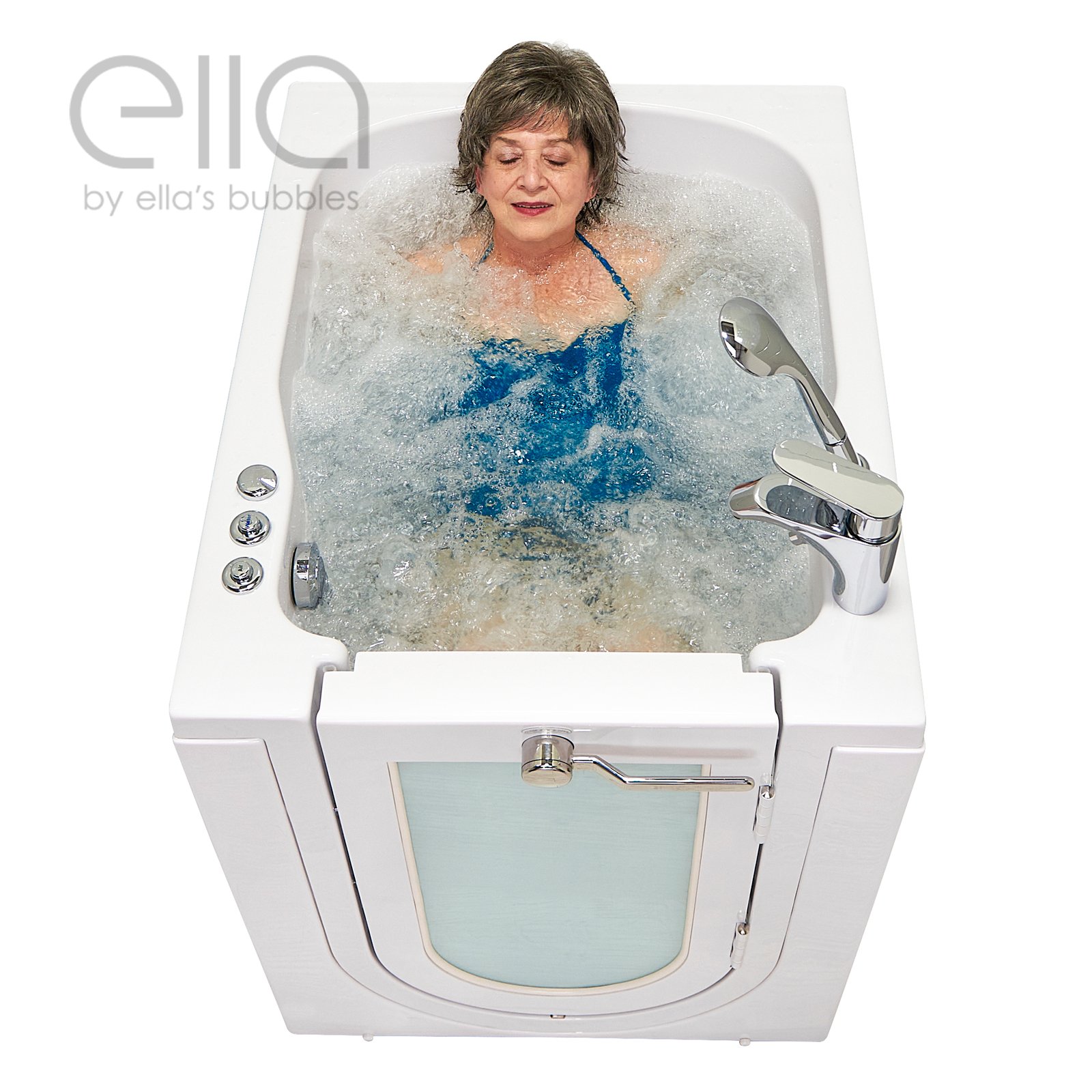 Senior woman relaxing with eyes closed enjoying a full bubble massage in an Ella front entry outward swing door walk-in tub
