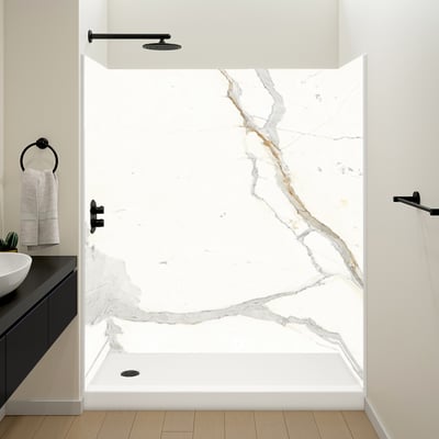 Ella accessible shower stall with Calacatta Bold marble-look wall panels, black rain showerhead, and low-threshold base
