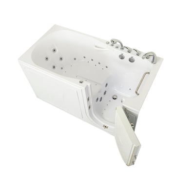 White Ella walk-in tub with outward swing door open showing dual massage jets, anti-slip floor, and chrome faucet controls