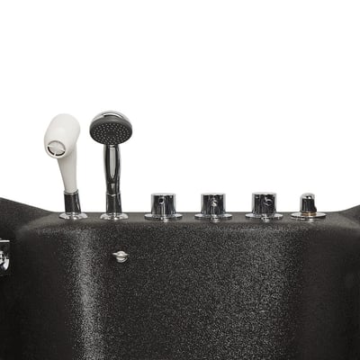 Close-up of chrome control knobs and handheld showerhead on a black microbubble therapy pet spa walk-in tub deck