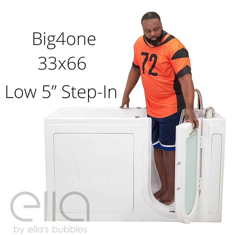 Large man stepping into the Ella Big4One walk-in tub over its low step-in threshold through the outward swing door
