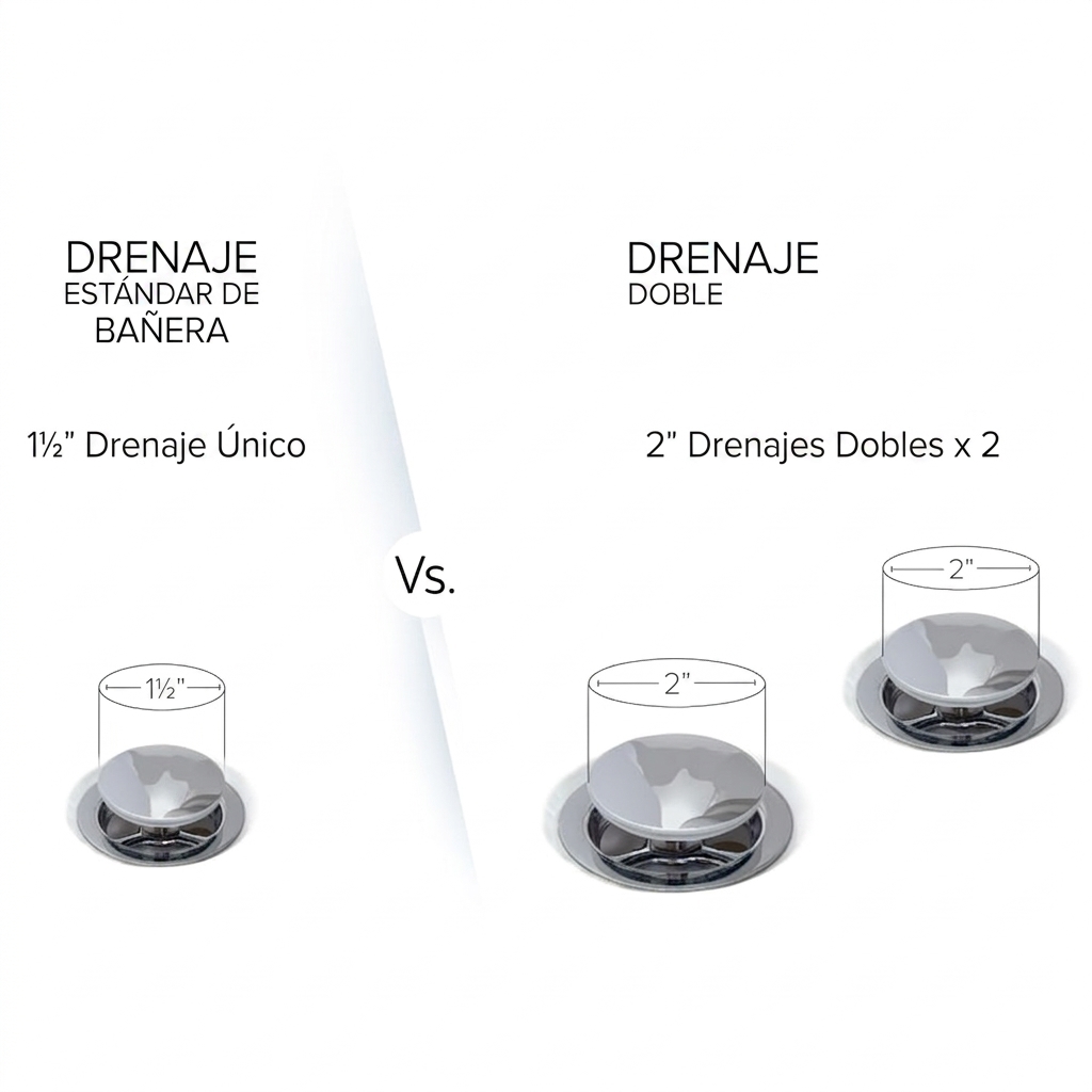 Gráfico comparativo que muestra un desagüe de bañera estándar de 1,5 pulgadas frente a los desagües dobles de 2 pulgadas de la bañera Ella para un vaciado más rápido