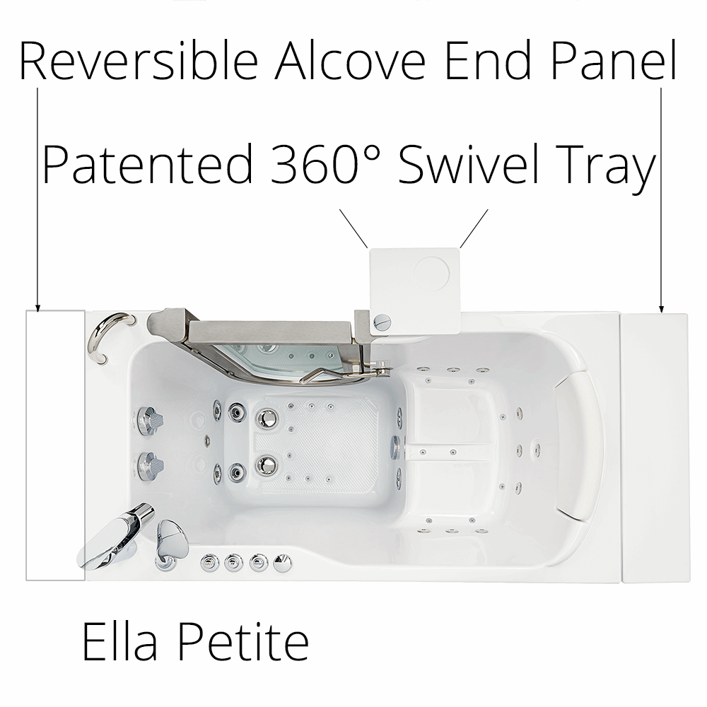 Top view of the Ella Petite walk-in tub showing the reversible alcove end panel, swivel tray, and hydro jets