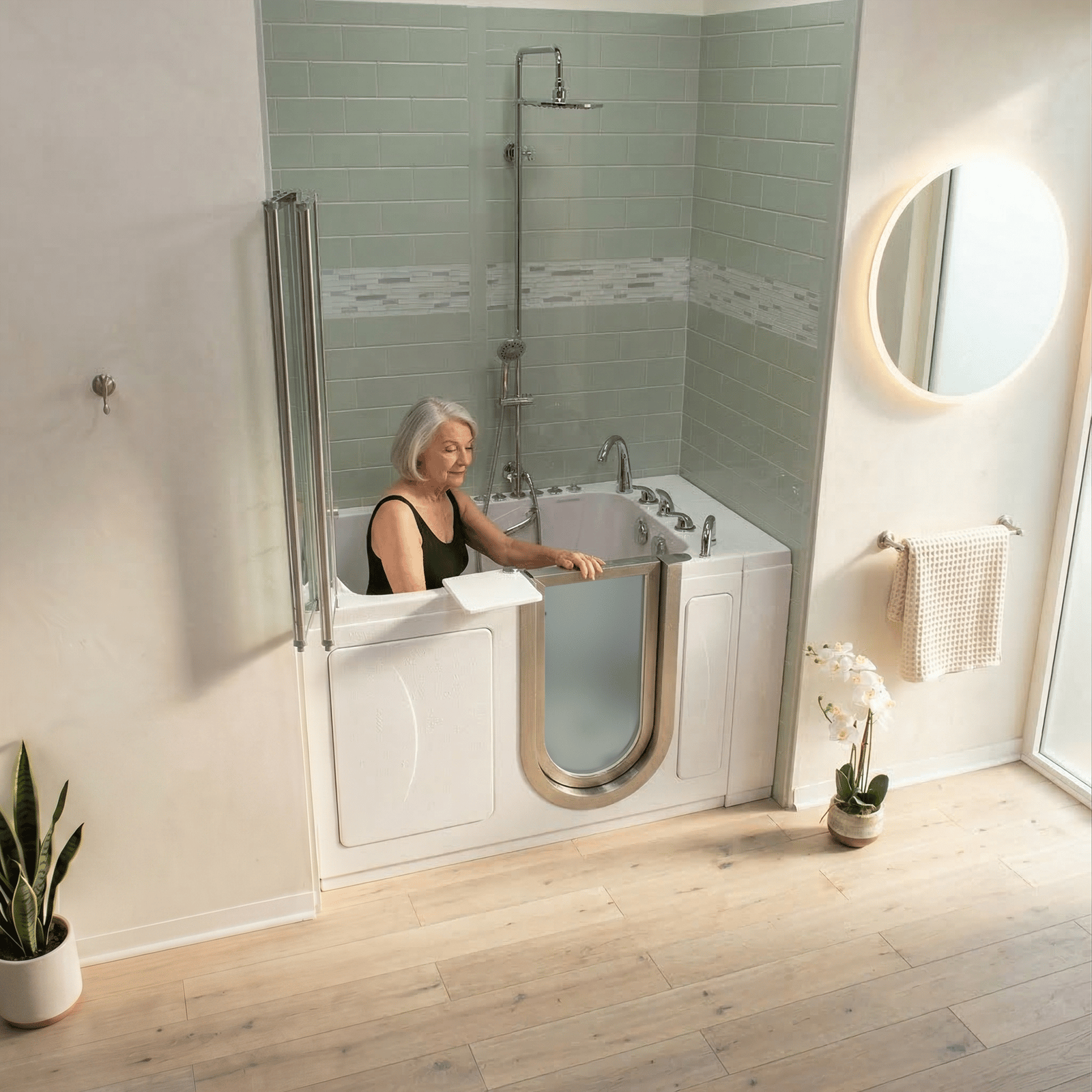 Senior woman seated in an Ella Royal walk-in tub with a stainless steel door in a bright modern bathroom with a lit round mirror