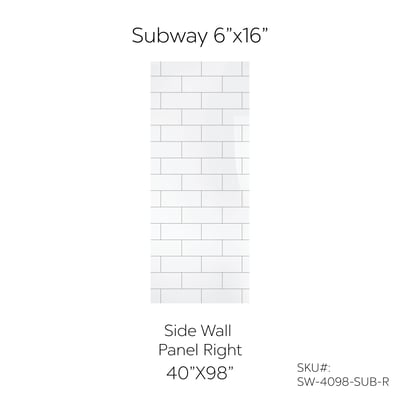 Ella's Bubbles 40x98 inch subway tile CNC engraved acrylic right side wall panel with 6x16 white brick pattern