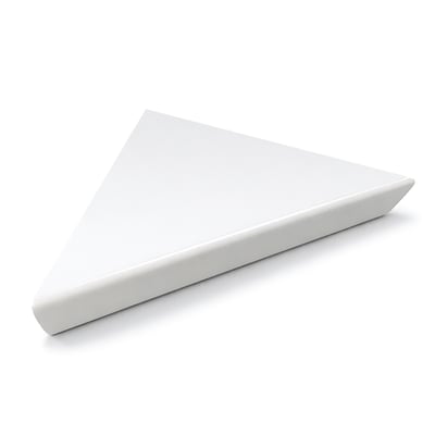 White triangular corner shower shelf with rounded edges designed to fit walk-in shower stall corners
