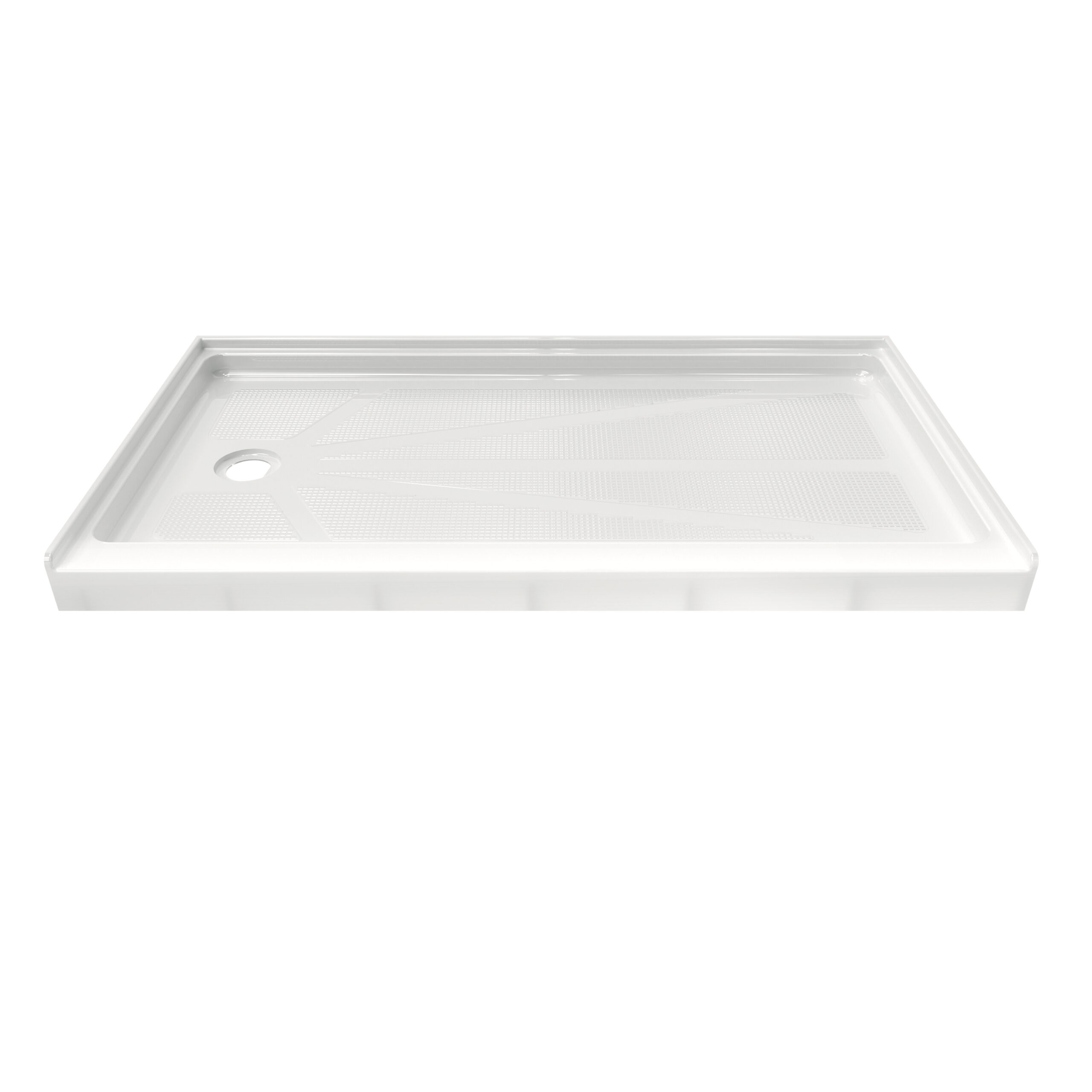 White acrylic Ella roll-in shower base with a left-side drain and anti-slip textured floor