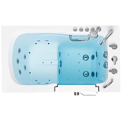 Overhead view of the Ella Monaco walk-in tub showing dual hydro and air massage jets, chrome faucet controls, and outward swing door entry