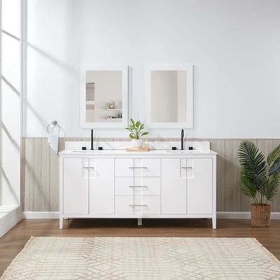 Meuble-lavabo de salle de bains moderne Florence sur pied avec plan en quartz blanc massif -