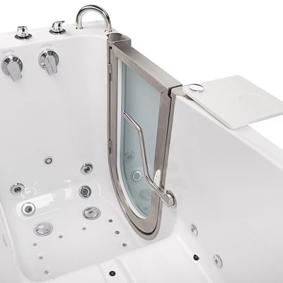 Close-up of open outward-swing glass door on Ella walk-in tub with hydro air jets, grab bar, and swivel tray