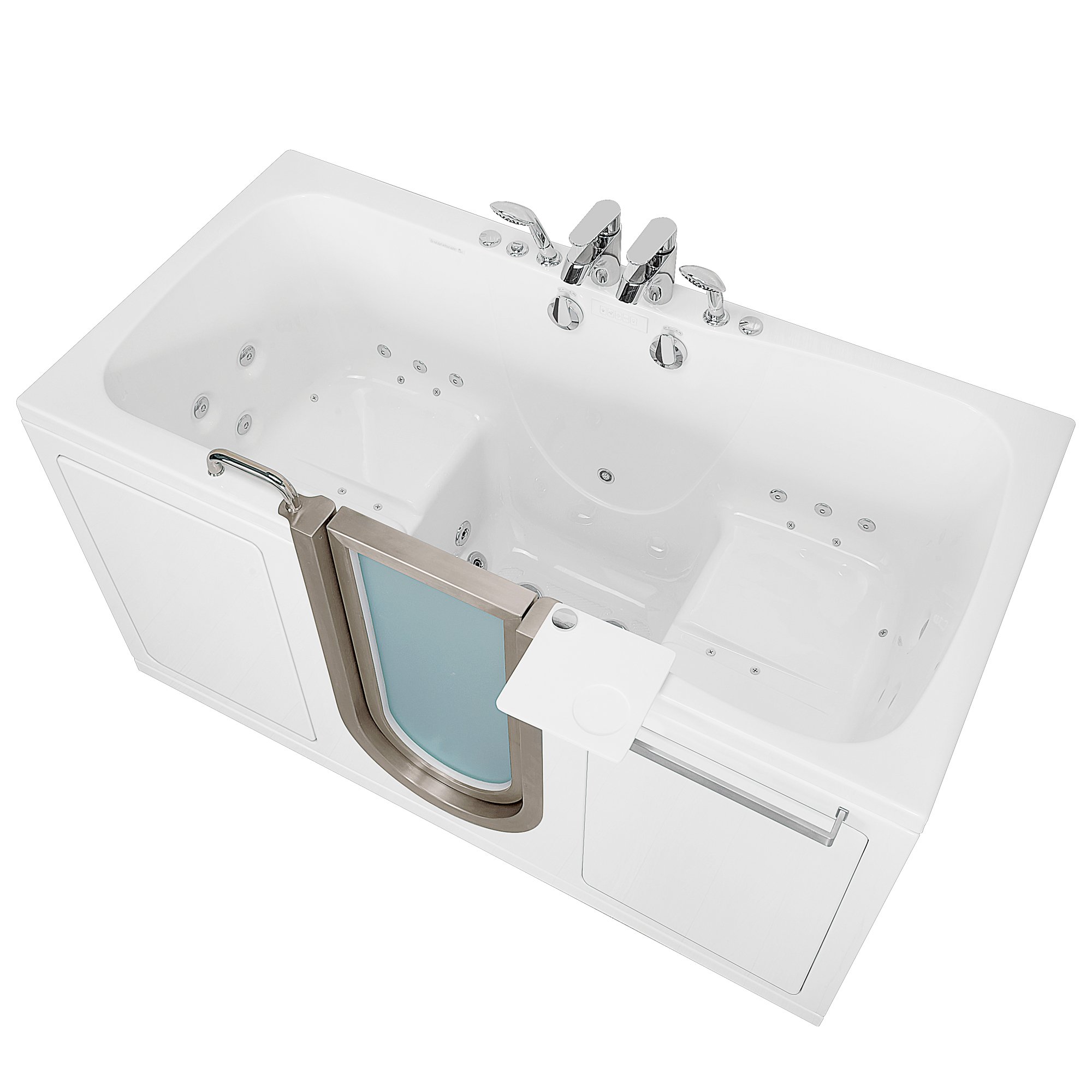 Ella Escape two-seat walk-in tub with center glass stainless steel door, twin chrome faucets and dual hydro jets