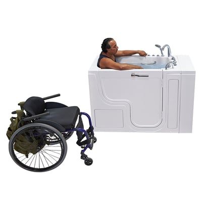 Man bathing in the Ella Transfer30 ADA accessible walk-in tub with a mobility aid parked alongside for easy transfer access