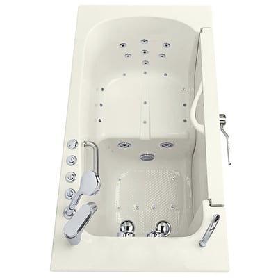 Overhead view of Ella Transfer30 ADA accessible walk-in tub with air jets, chrome controls, and anti-slip floor mat