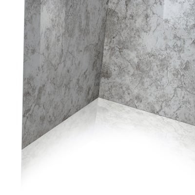 Corner view of Ella shower wall acrylic panels in limestone gray finish with white marble-look floor