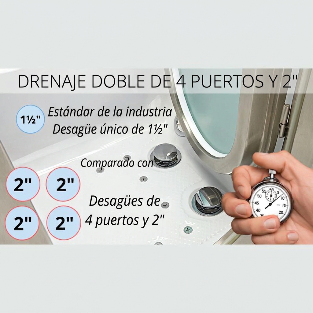 Mano sosteniendo un cronómetro junto al fondo de la bañera con puerta Ella, mostrando el sistema de doble desagüe de 4 puertos y 2 pulgadas frente al desagüe único estándar.