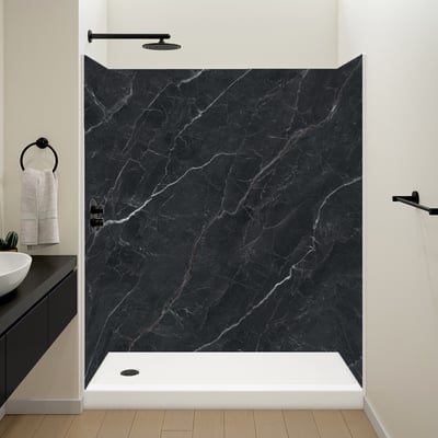Ella accessible shower stall with Noir Luxe Vein black marble wall panels, white low-threshold base, and matte black rain showerhead