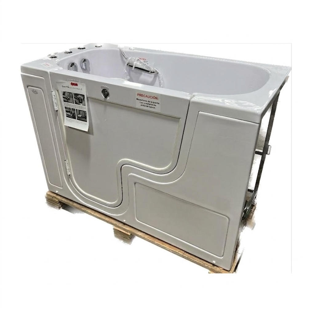 Bañera con puerta accesible para silla de ruedas Ella Transfer60 embalada sobre un palé de madera para su entrega por transporte LTL