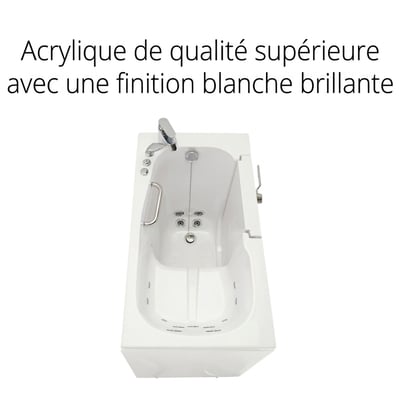 Vue de dessus de la baignoire à porte Ella Mobile avec finition acrylique blanche brillante, hydrojets et robinetterie chromée
