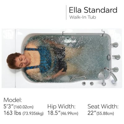 Overhead view of senior woman relaxing in the Ella Standard walk-in tub with hydrotherapy jets and 22-inch seat width