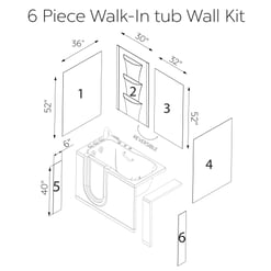 Acrylic 6 Pieces Shower Wall Kit with Soap Niche - draw