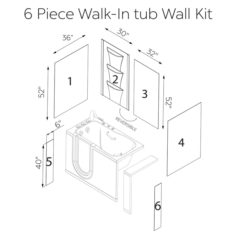 Acrylic 6 Pieces Shower Wall Kit with Soap Niche - draw