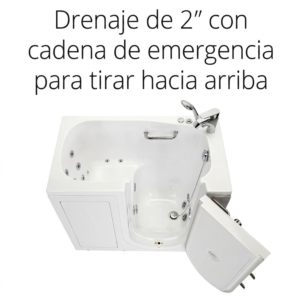 Vista cenital del desagüe de 2 pulgadas de una bañera con puerta de Ella con cadena de emergencia junto a los chorros de hidromasaje