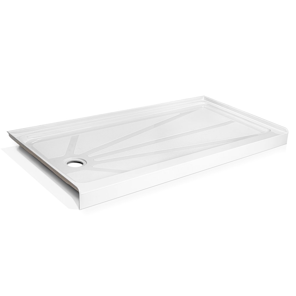 White Ella acrylic shower base with low 3-inch threshold, anti-slip texture, and left-side drain - 60x32 accessible shower pan