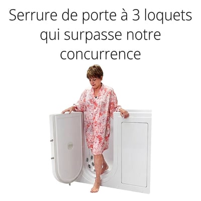 Femme âgée en peignoir fleuri sortant d’une baignoire à porte Ella Mobile avec porte à ouverture vers l’extérieur et système de verrouillage à 3 loquets
