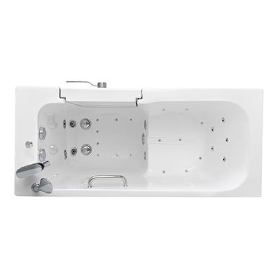 Interior of an Ella's Bubbles walk-in tub showing hydrotherapy jets, a molded backrest and chrome trim